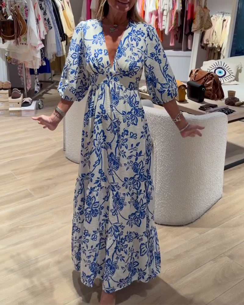 Sukienka Głęboki Dekolt W Szyję Elegancki Kwiatowy Długa