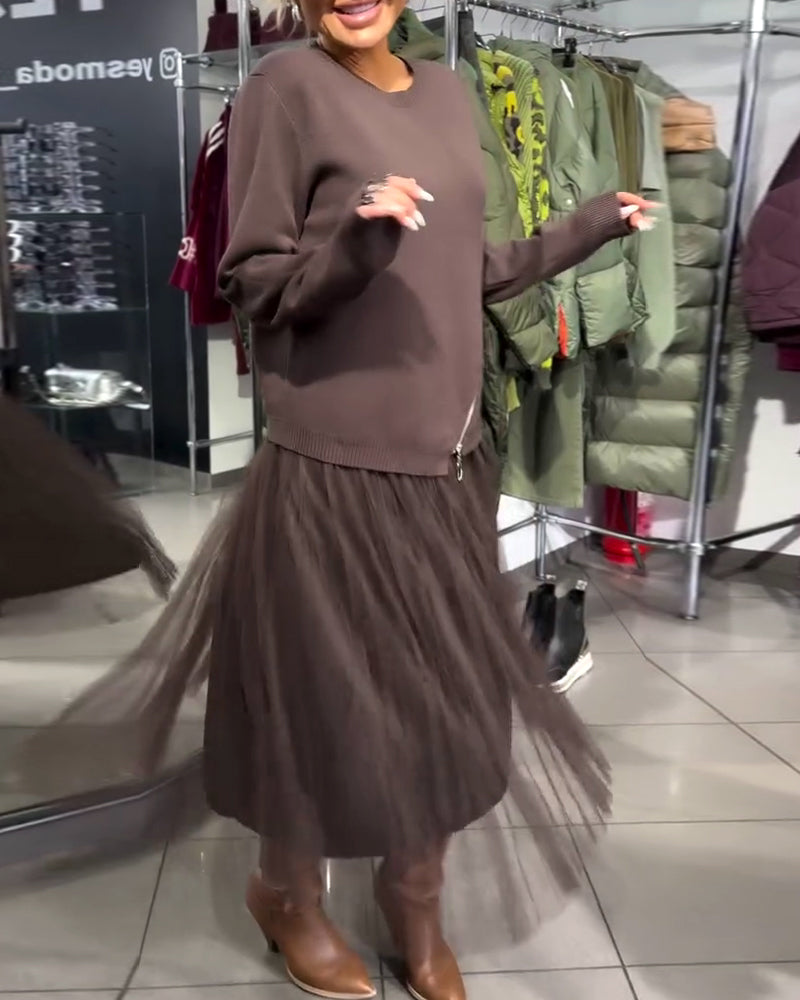 Stylowy Zestaw Z Bluzą O Okrągłym Dekolcie I Zamkiem