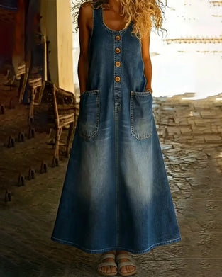 Sukienka Bez Rękawów Guzik Denim Kamizelka Długa