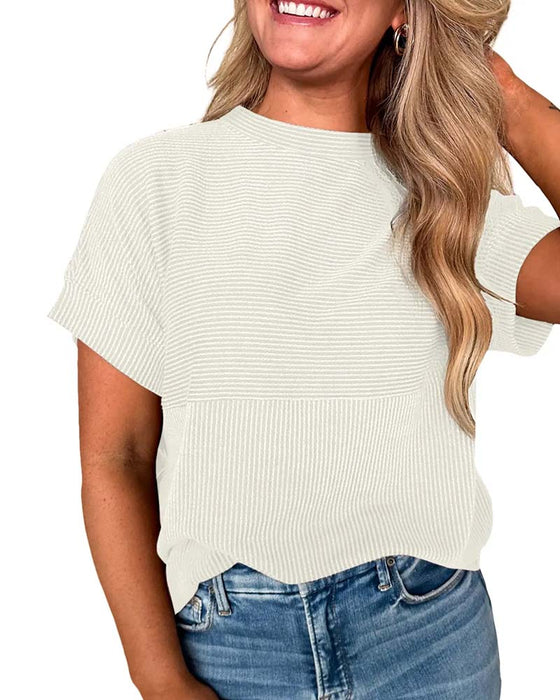 T-Shirt W Paski Krótki Rękaw Okrągły Dekolt