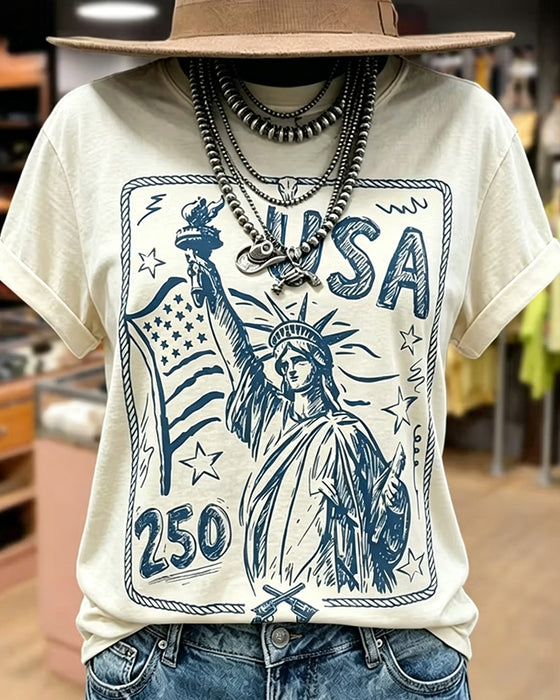 T-Shirt Z Nadrukiem Retro, Krótkim Rękawem I Luźnym Krojem