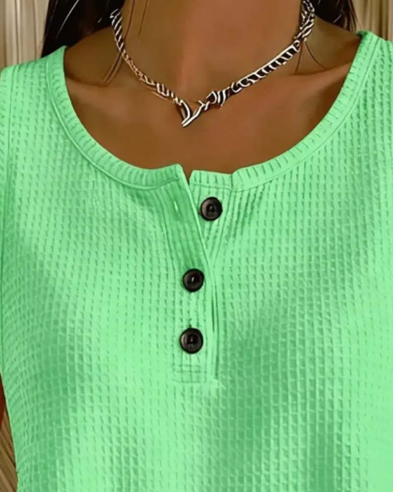 Tank Top Okrągły Dekolt Bez Rękawów Wafel Guzik