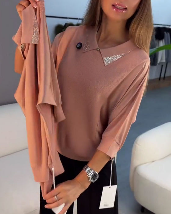 Pullover Klapa Długość Do Łokcia Rękaw Dzianinowy Eleganck