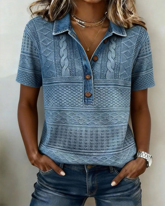 T-Shirt Kołnierz Wyłogowy Denim Drukowany