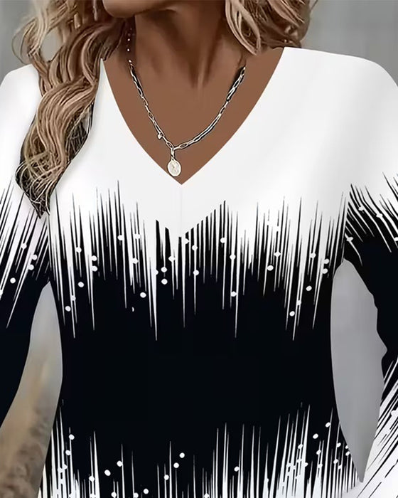 Top Gradient Dekolt V Drukowany Długi Rękaw