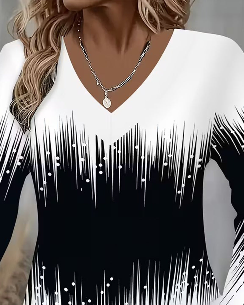 Top Gradient Dekolt V Drukowany Długi Rękaw