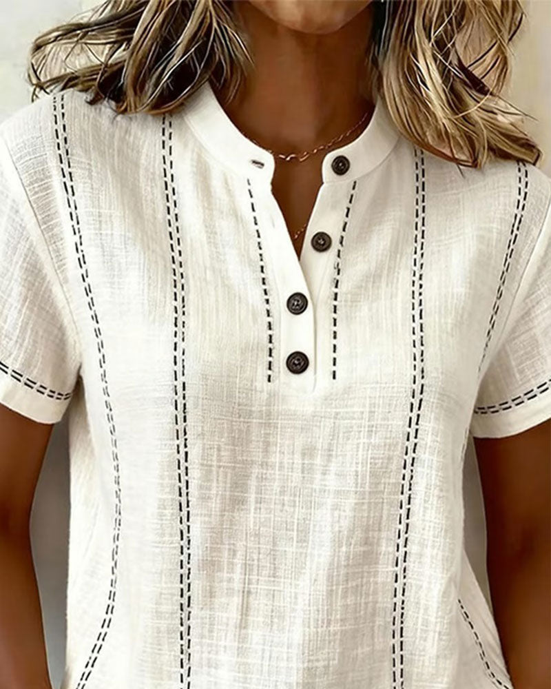 T-Shirt Moda Swobodny Guzik V-Dekolt