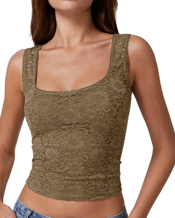 Tank Top Koronkowa Lamówka Kwadratowy Dekolt Bez Rękawów