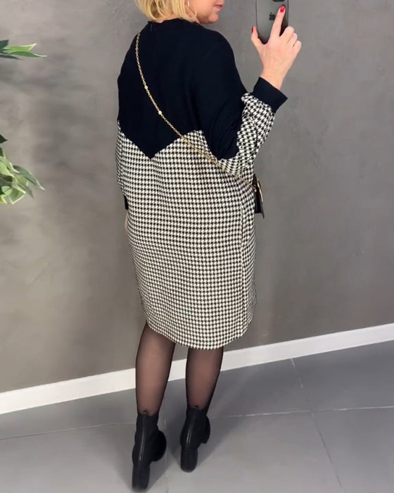 Elegancka sukienka w kratę z blokiem kolorów