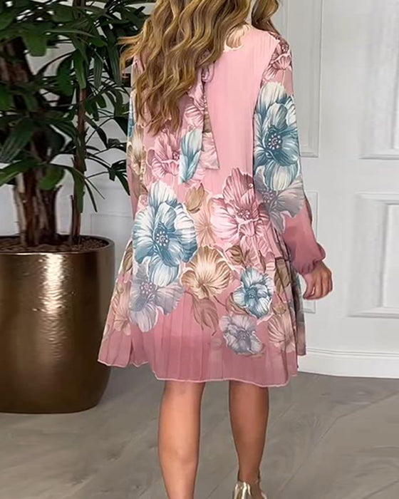 Sukienka z Elegantnymi Puchaczkowymi Rękawami, Faltami i Drukami