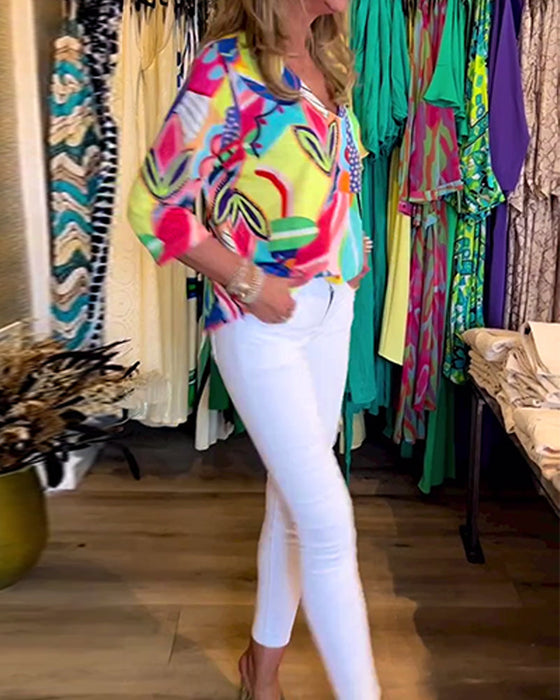 Luźna bluzka z nadrukiem z długim rękawem