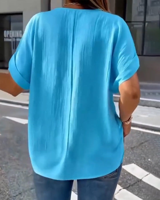 100% Bawełna  T-Shirt V-Dekolt Luźny Teksturowany