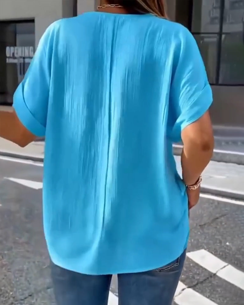 100% Bawełna  T-Shirt V-Dekolt Luźny Teksturowany