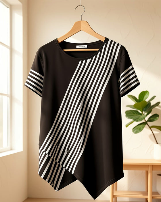 T-Shirt Ukośny Pasek Patchwork Okrągły Dekolt