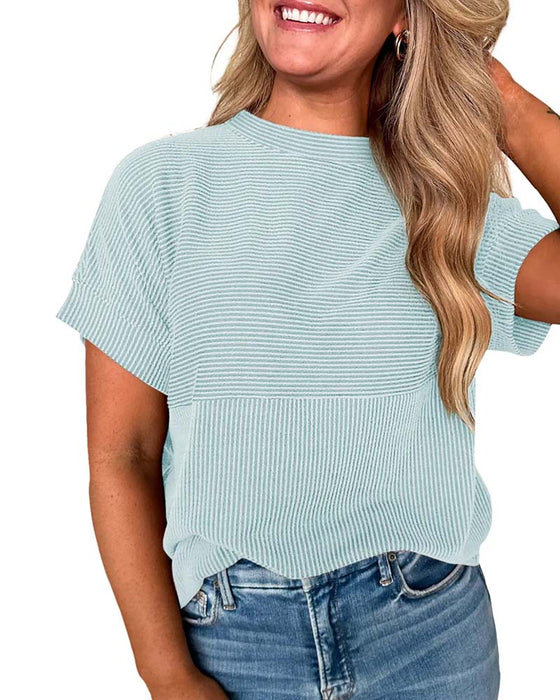 T-Shirt W Paski Krótki Rękaw Okrągły Dekolt