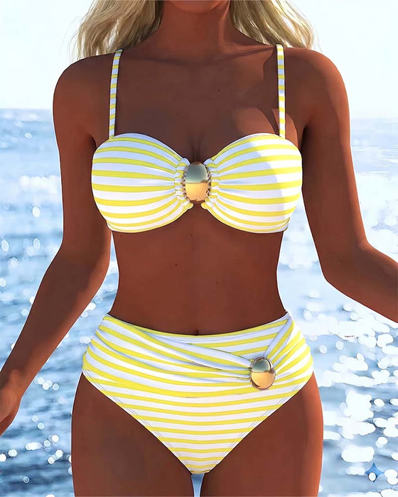 Bikini Ramiączka Spaghetti W Paski Plastikowy Guzik