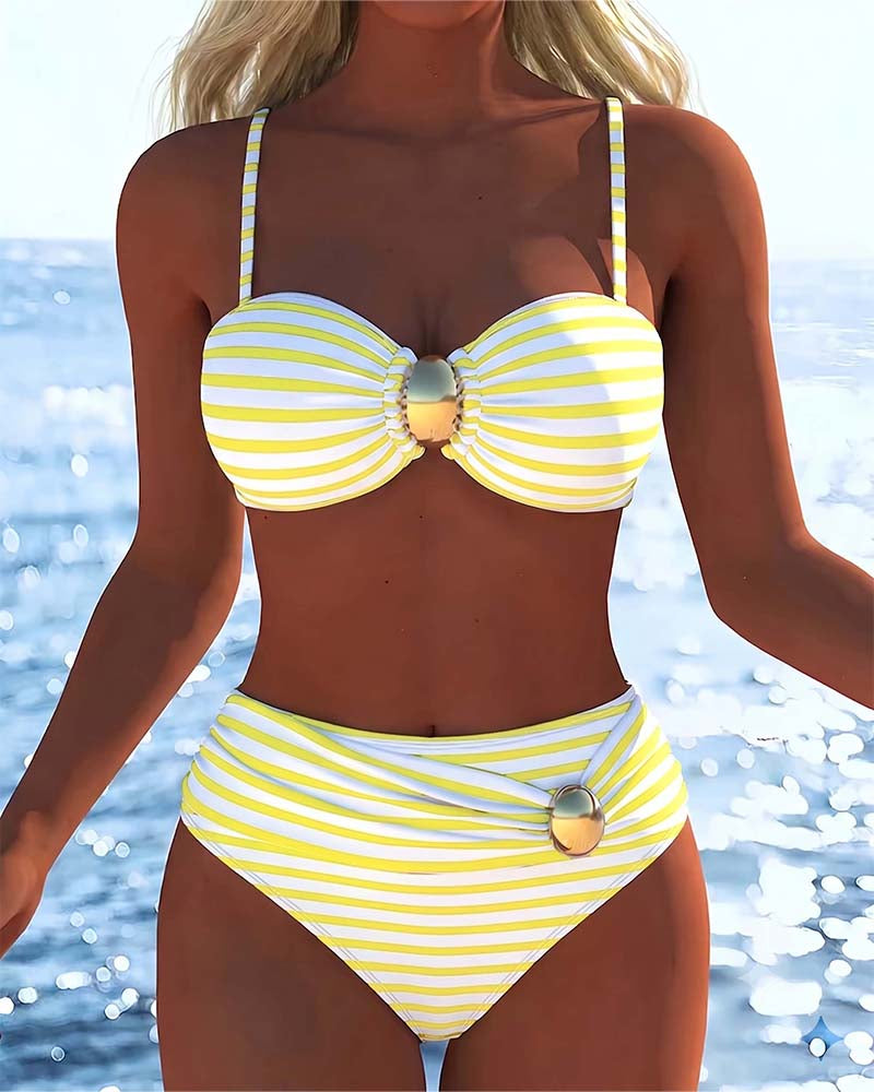 Bikini Ramiączka Spaghetti W Paski Plastikowy Guzik