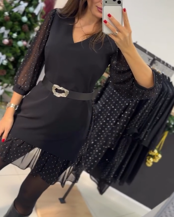 Stylowa Sukienka Z Dekoltem W Serek I Wzorem Patchwork