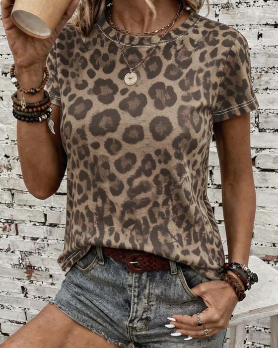 T-shirt Okrągły Dekolt Leopardowy Slim-Fit Krótki Rękaw