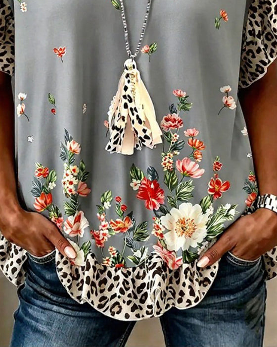 T-Shirt Lampart Patchwork Kwiatowy Wzór