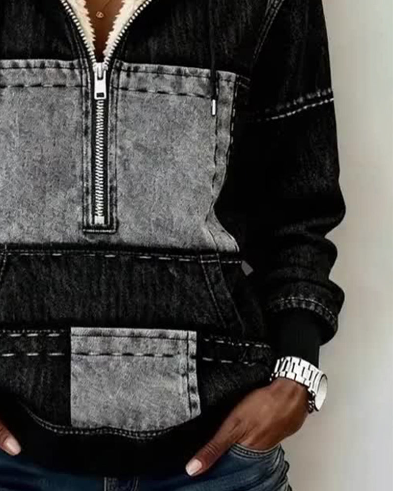 Bluza Z Kapturem Retro Kolor Blok Z Wykładziną Z Polaru