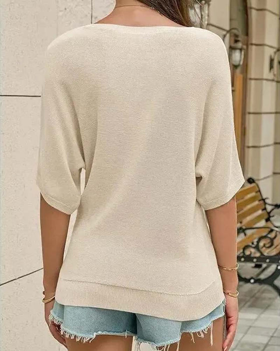 Sweter Okrągły Dekolt Krótki Rękaw Gładki