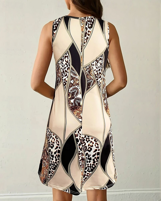 Sukienka Bez Rękawów Lampart Patchwork A-Linia