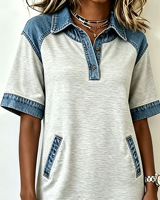 Sukienka Kołnierz Koszuli Denim Patchwork Kieszeń