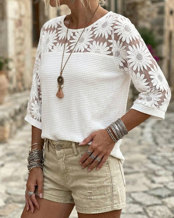 T-Shirt Okrągły Dekolt Koronka Wafel Patchwork
