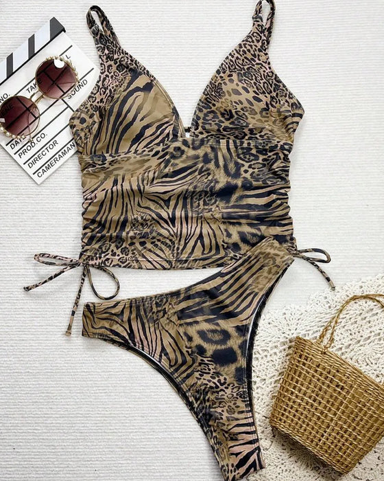 Bikini Wiązany Pasek Halter Lampart Print