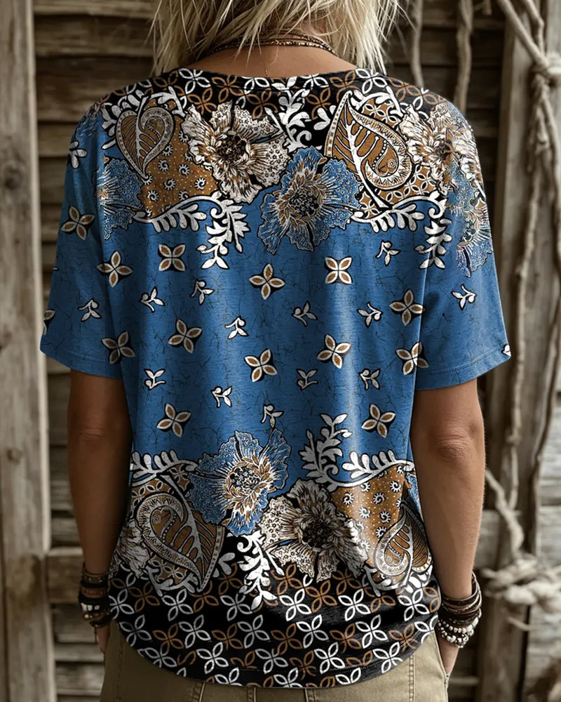 T-Shirt Vintage Kwiatowy Blok Koloru Okrągły Dekolt