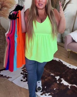 Top Bez Rękawów Dekolt V Prążkowany Luźny