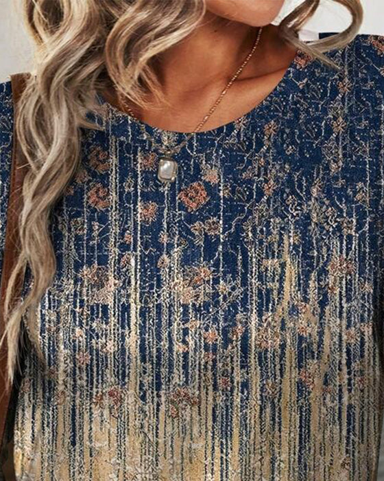 Top Retro Okrągły Dekolt Drukowany Długi Rękaw