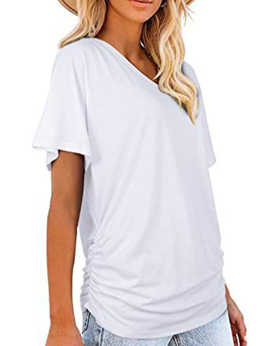 T-Shirt Plisowany Jednokolorowy Dekolt W Serek