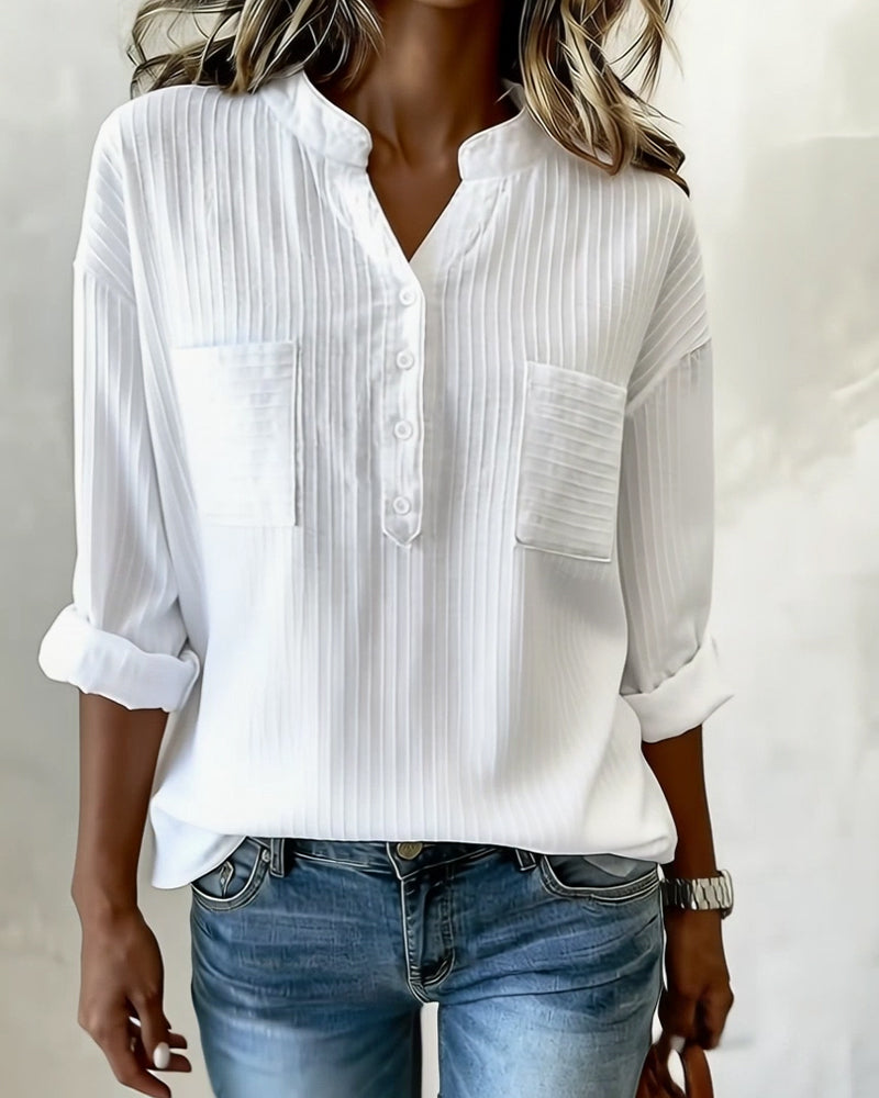 Koszula Pionowy Wafel Henley Kołnierz Podwójna Kieszeń