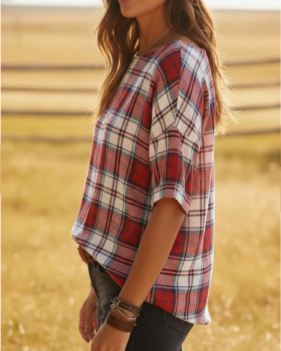 Bluzy Okrągły Dekolt Tartan