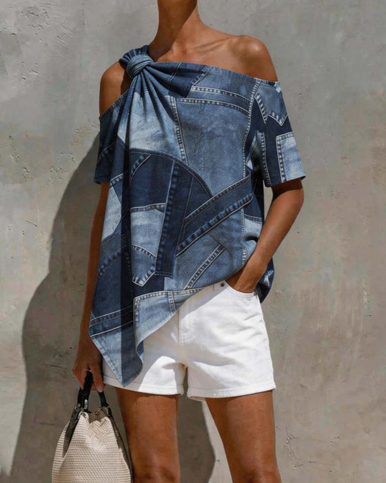 Bluzka Jedno-Ramię Twist Węzeł Patchwork