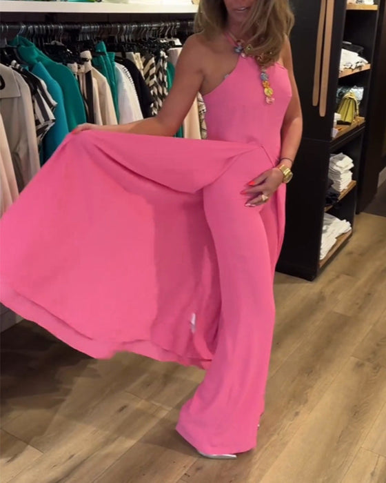 Dwuczęściowy komplet z dekoltem typu halter i rozcięciem w jednolitym kolorze