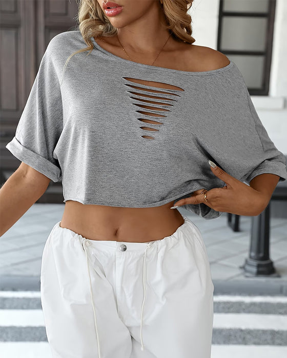 Koszulki Off-Shoulder Asymetryczny Podarty Podwinięty Brzeg