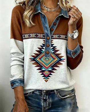 Drukowana Bluza Color-Block Z Zapięciem Na Guziki