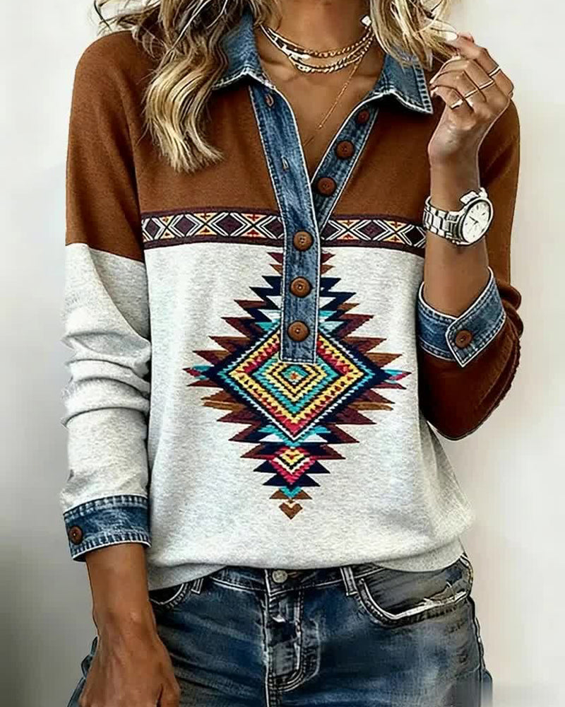 Drukowana Bluza Color-Block Z Zapięciem Na Guziki