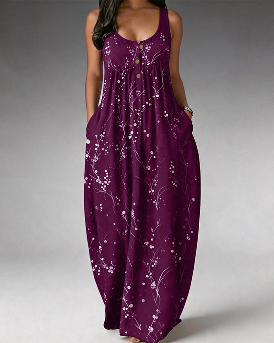 Sukienka Bez Rękawów Guzik Dzianina Druk