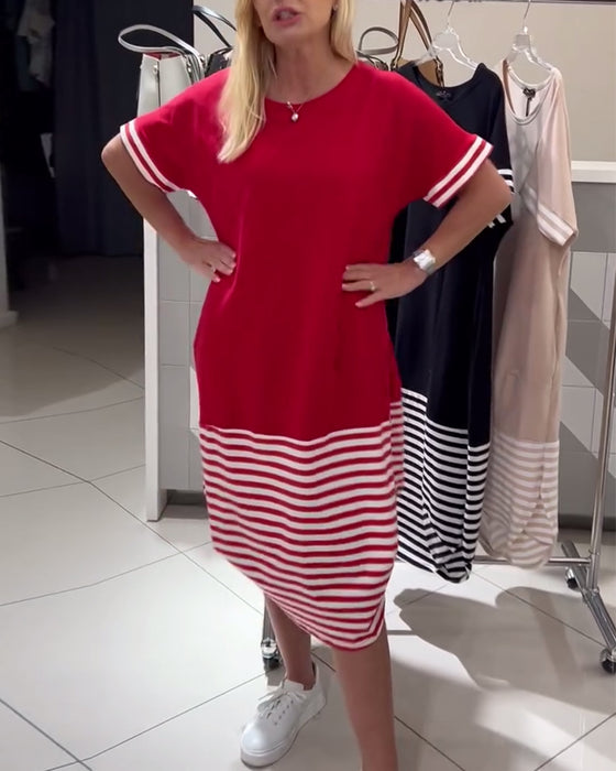 Sukienka Kontrastowe Paski Krótki Rękaw Casual