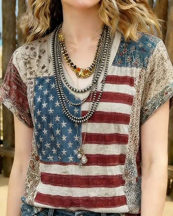 T-Shirt Dekolt W Serek Krótki Rękaw Patchwork