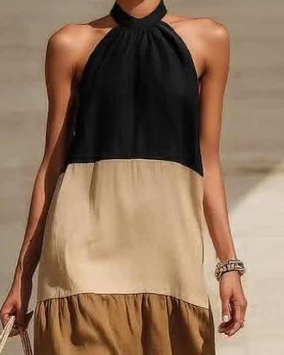 Sukienki Halter Off-Shoulder Patchwork Blok Koloru