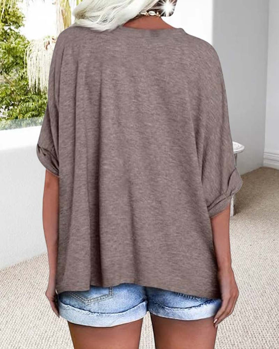T-Shirt V Dekolt Rolkowany Brzeg Krótki Rękaw Luźny
