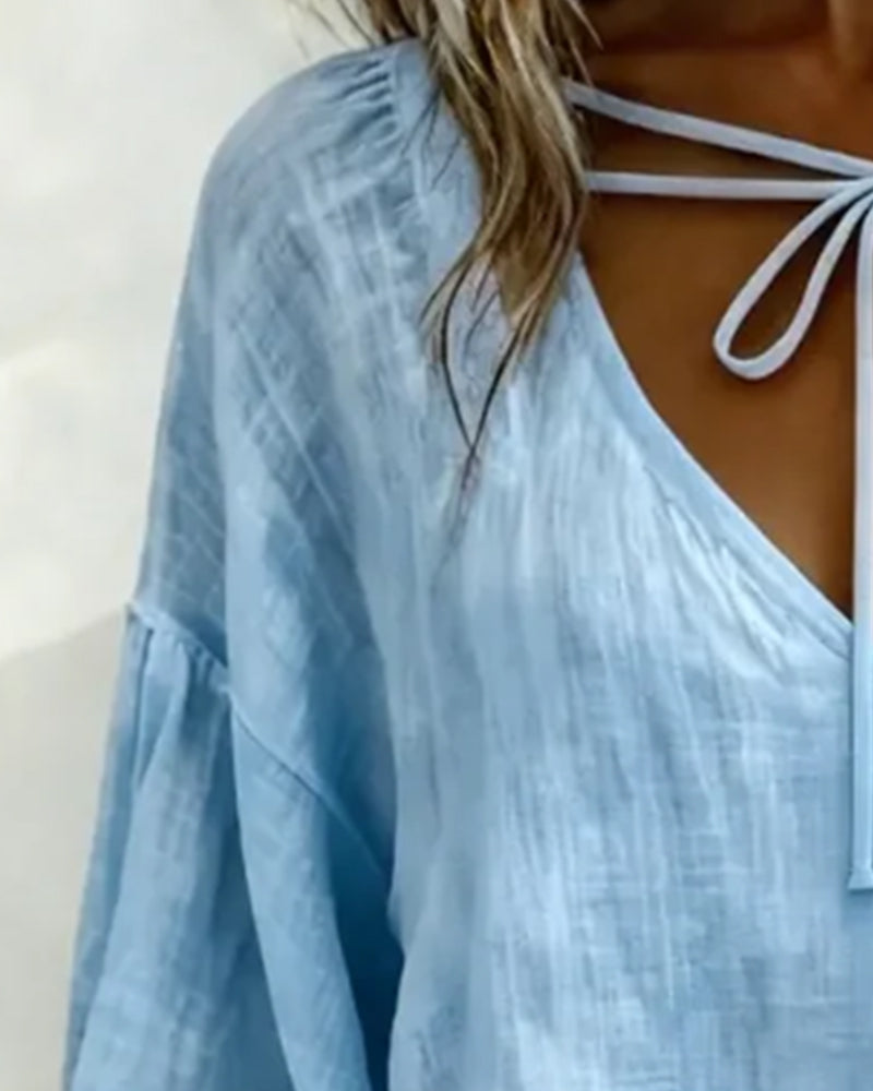 Bluzka Z Dekoltem W Szyję Sznurek Bawełna Len