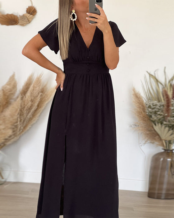 Sukienka w jednolitym kolorze z krótkim rękawem i dekoltem w kształcie litery V