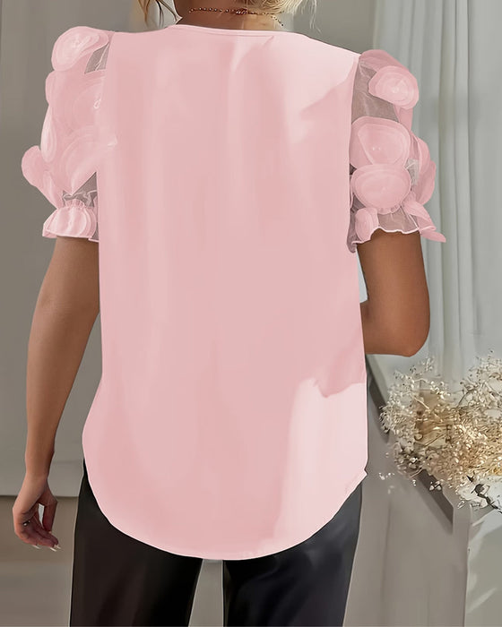 Bluzka Rękaw Puff Siateczka Dekolt W Serek