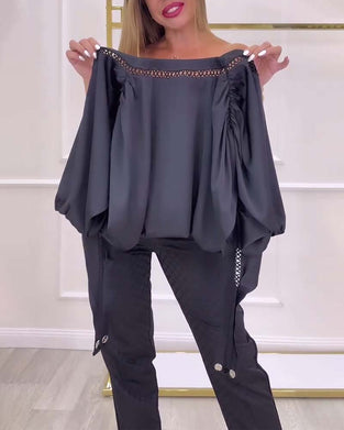Bluzka Bufiaste Rękawy Jedno Ramię Jednolita